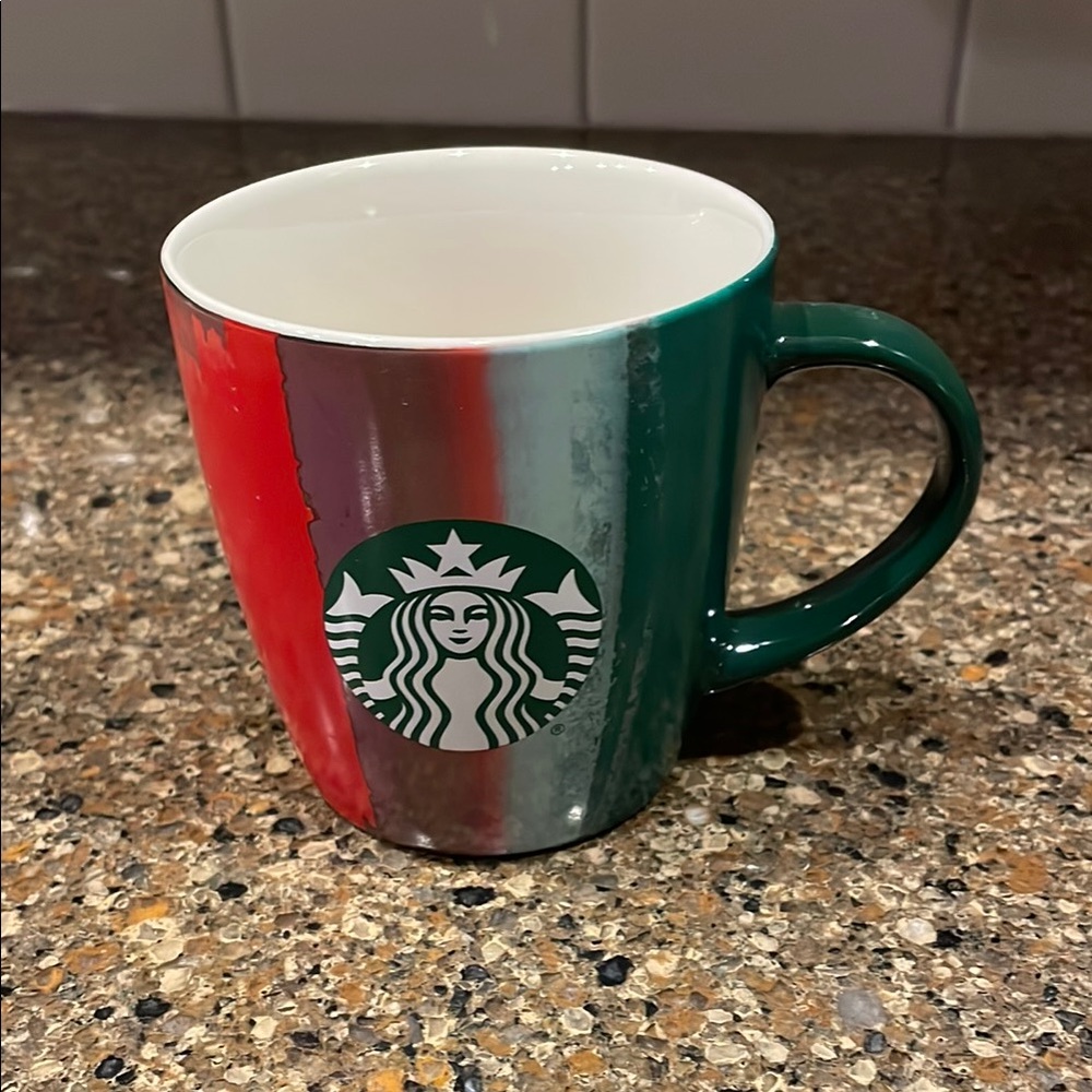 STARBUCKS Festive Holiday Brushstroke Red Purple Green Coffee Mug Tea Cup 12oz.